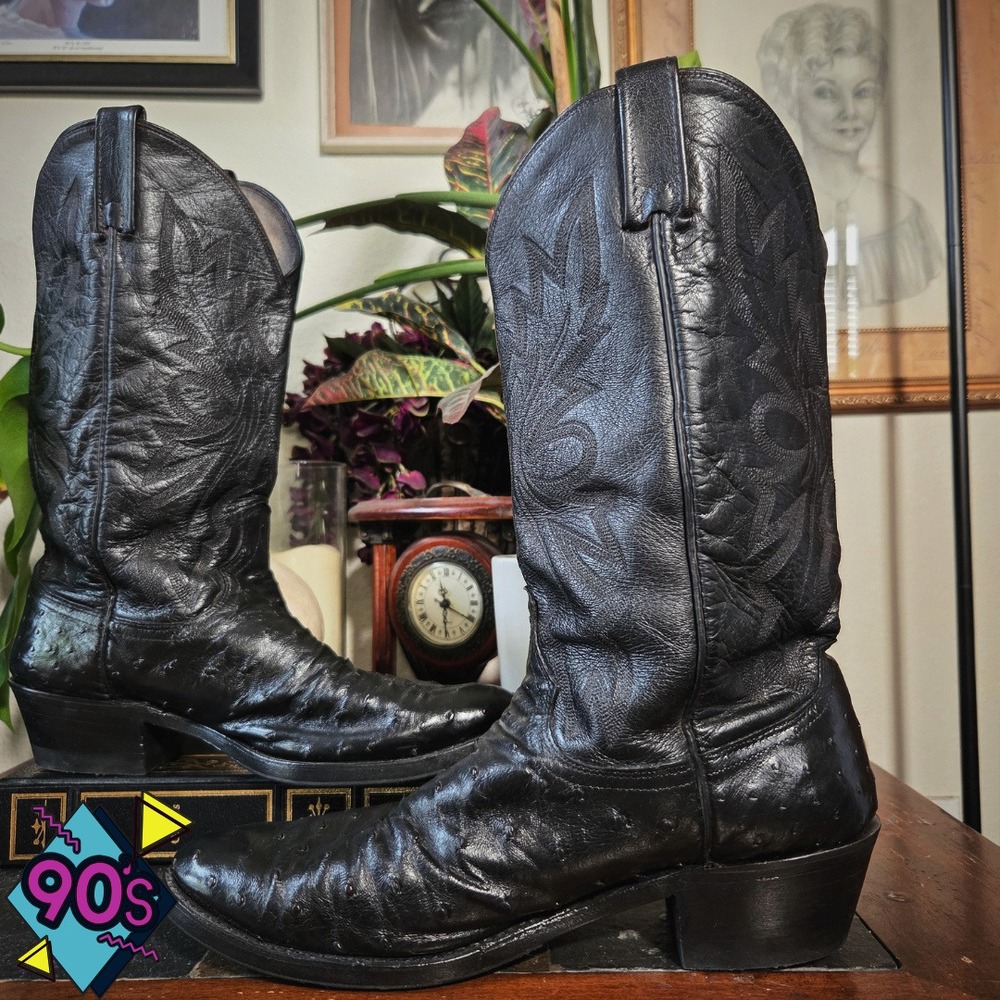 Dan Post Cowboy Boots Vintage 1992 Black Full Quill Ostrich Leather Western Mens
